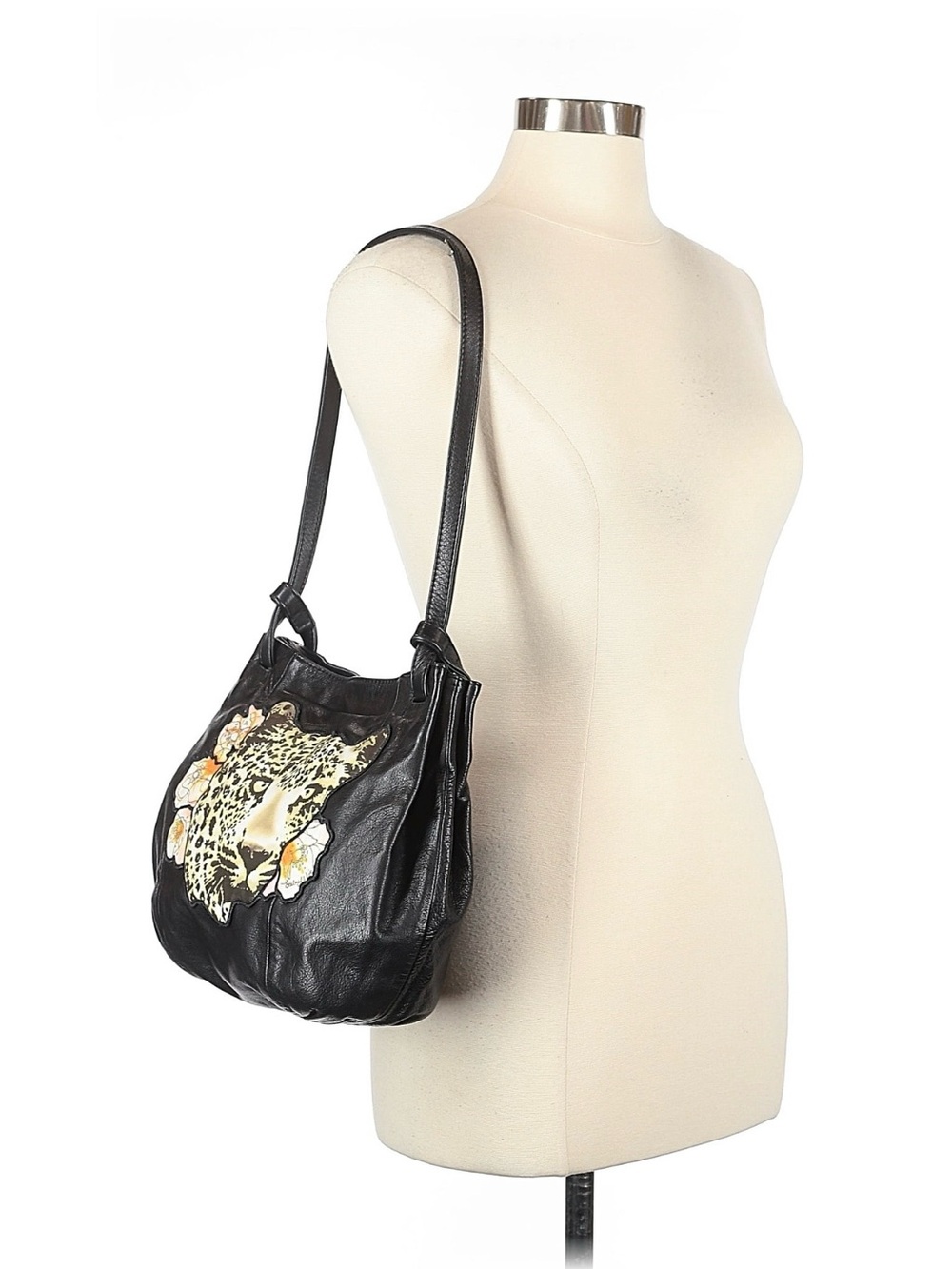 See By Chloe Black Leather Shoulder Bag with Leopard Applique
